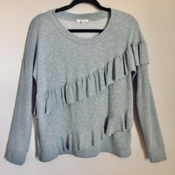 Sold Anthropologie Pleione French Terry Gray Tiered Ruffle Sweater- Size Medium - Picture 2 of 10
